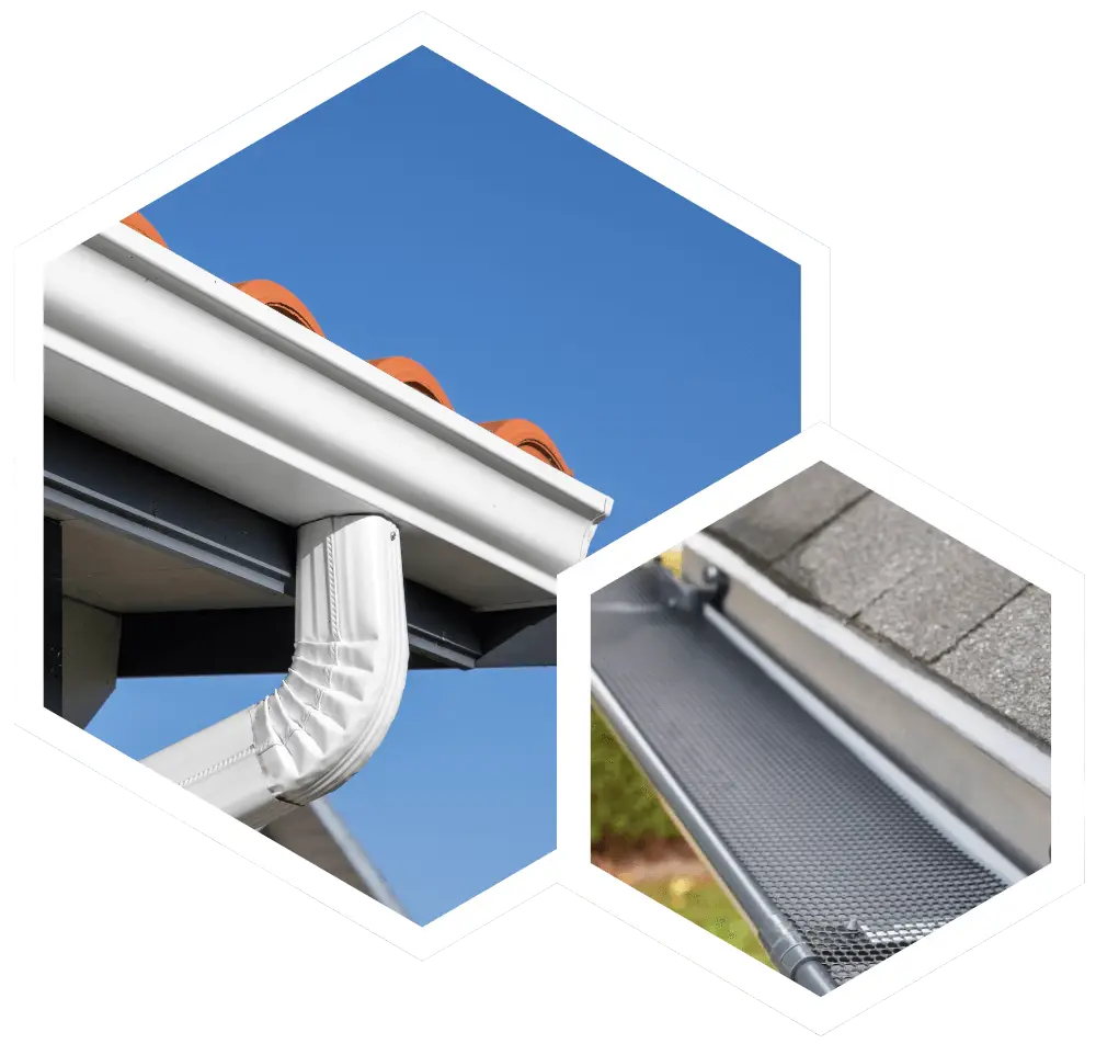 The larger, upper hexagon shows a close-up, low-angle view of a clean white gutter and downspout attached to a house with an orange clay tile roof under a clear blue sky. The smaller, lower hexagon provides a detailed view of a gutter guard installation, showing a dark metal mesh screen covering a gutter next to a grey shingled roof to prevent debris buildup.