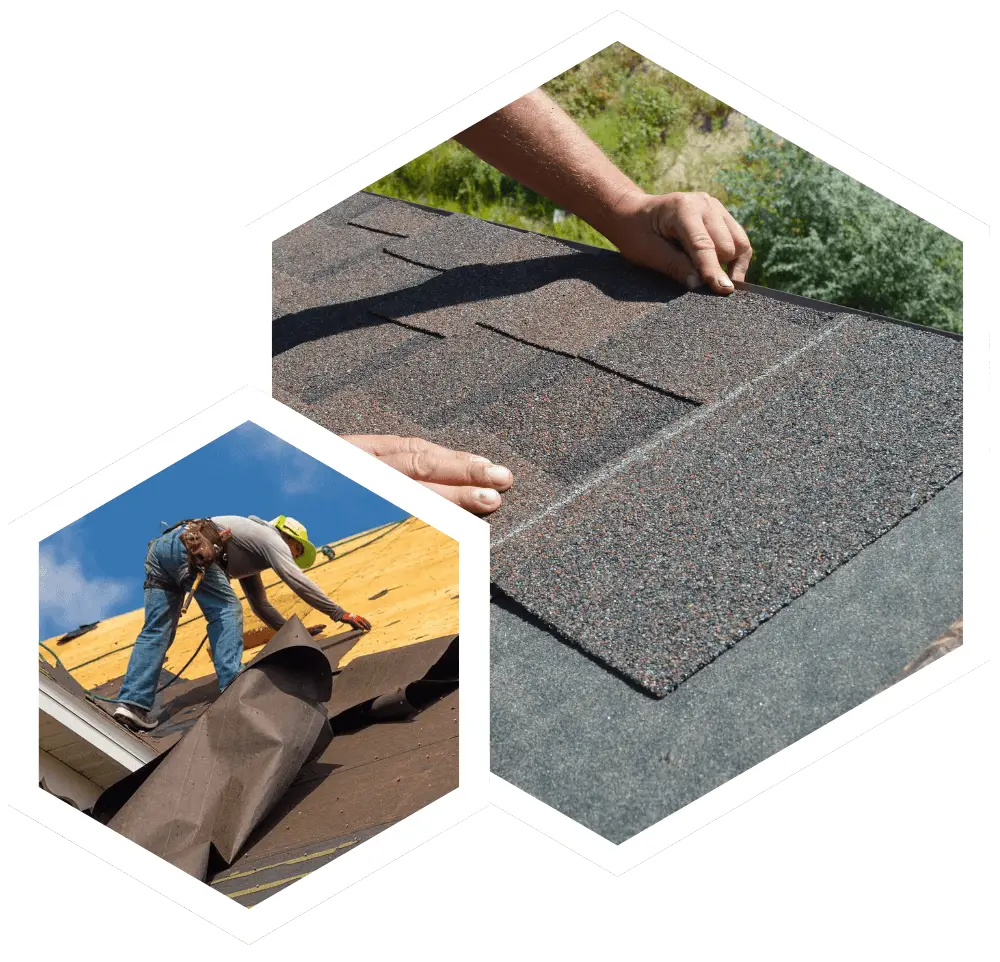 A composite image with a transparent background featuring two hexagonal frames with white borders. The larger, upper hexagon shows a close-up of a person's hands carefully aligning a dark brown asphalt shingle onto a roof during installation. The smaller, lower hexagon shows a roofer wearing a safety harness and tool belt, working on a steeply pitched roof to install black underlayment over plywood decking against a bright blue sky.