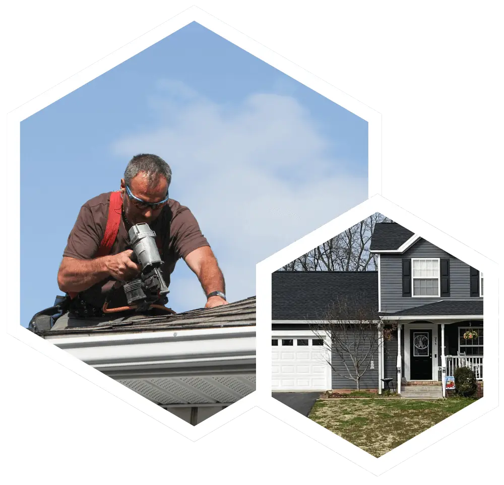 The larger, upper hexagon shows a close-up of a roofer in a brown shirt and safety glasses using a pneumatic nail gun to secure shingles onto a roof under a clear blue sky. The smaller, lower hexagon displays a finished residential home with dark grey siding, a white garage door, and a freshly installed black shingle roof.
