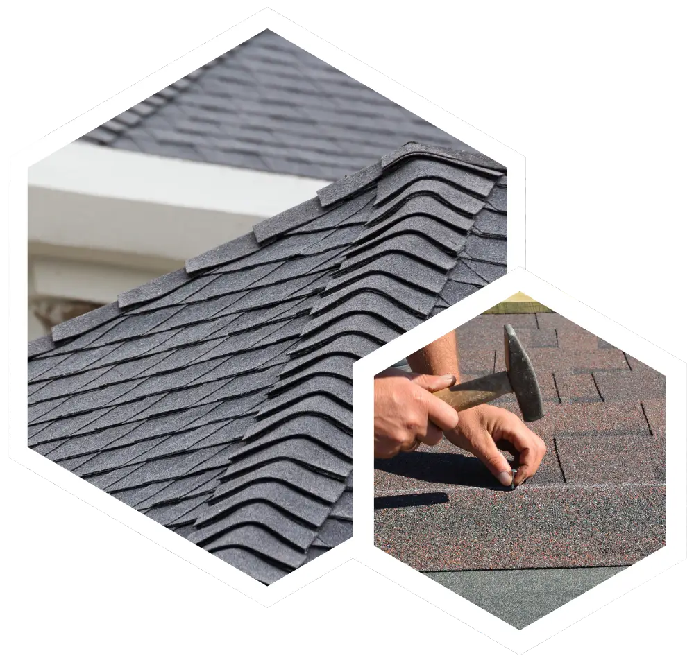 A composite image featuring two hexagonal frames against a grey background, showcasing roofing work. The larger upper hexagon shows a close-up of a finished grey shingle roof, highlighting the clean lines and overlapping pattern of the shingles on a roof ridge. The smaller lower hexagon shows a worker's hands using a hammer to nail a reddish-brown shingle into place during installation.