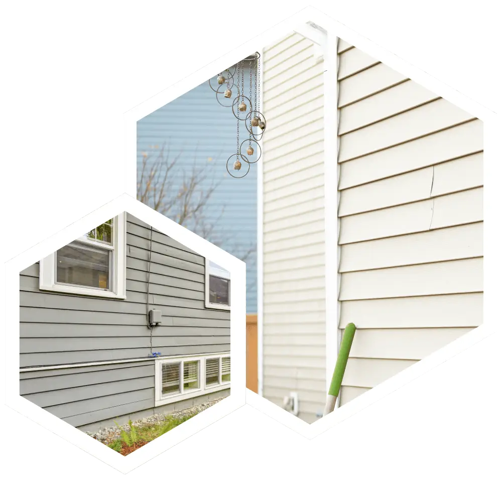 The larger, upper hexagon shows a close-up of light cream-colored horizontal vinyl siding on a house, with a decorative wind chime hanging nearby and a small crack visible on one of the panels. The smaller, lower hexagon provides a view of a different home's exterior featuring sage green horizontal siding with white-trimmed windows and a white foundation border.