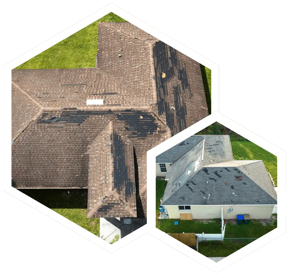 The larger, upper hexagon shows an aerial, top-down view of a large residential roof with brown shingles. Several large sections of shingles have been stripped away, exposing the dark black underlayment beneath. The smaller, lower hexagon provides a wider aerial perspective of a single-story tan house with a similar brown shingle roof. Scattered patches of shingles are missing across multiple roof faces, showing widespread wind or storm damage.